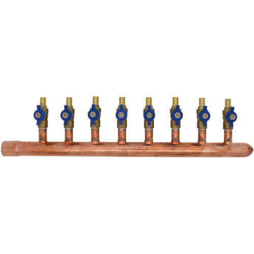 Main product image of 1" Female Sweat x Spin Closed (Right) Copper Manifold, 1/2" PEX Crimp Ball Valves, Lead Free (8 Outlets)