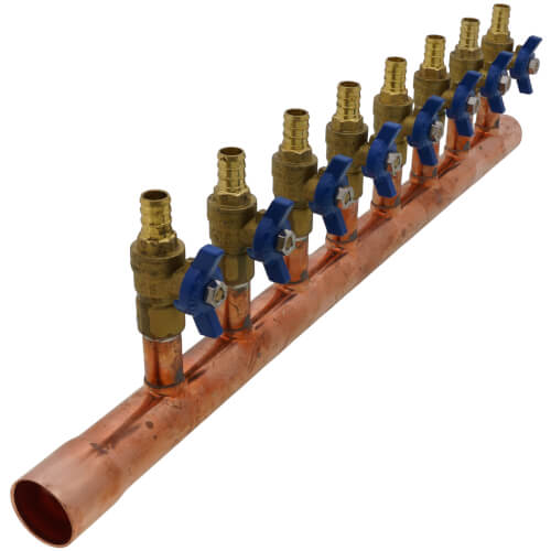 Main product image of 1" Female Sweat x Spin Closed (Right) Copper Manifold, 1/2" PEX Crimp Ball Valves, Lead Free (8 Outlets)