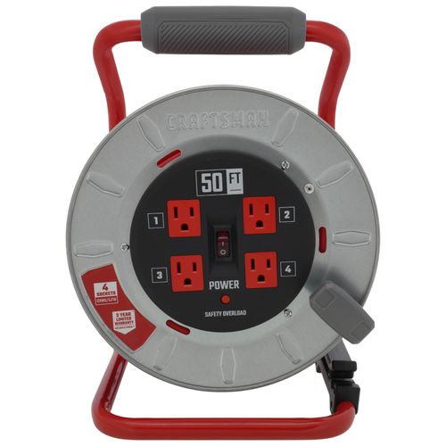 Main product image of 4 Outlet Cable Management Retractable Extension Cord Reel, 12 AWG SJTW Cable (50 Ft. Cord)