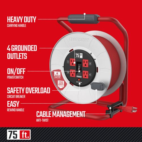 Main product image of 4 Outlet Cable Management Retractable Extension Cord Reel, 12 AWG SJTW Cable (75 Ft. Cord)