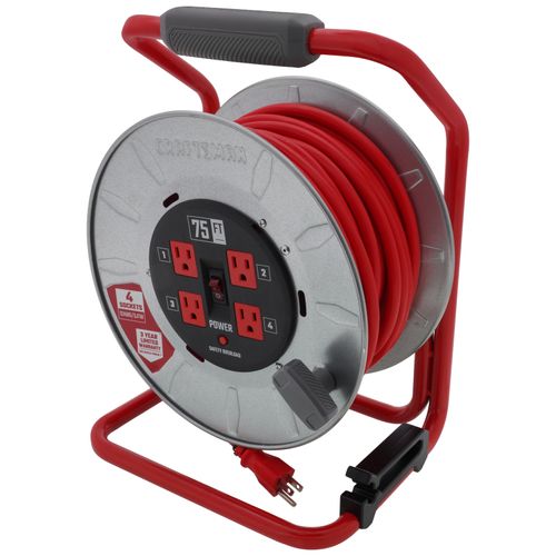 Main product image of 4 Outlet Cable Management Retractable Extension Cord Reel, 12 AWG SJTW Cable (75 Ft. Cord)
