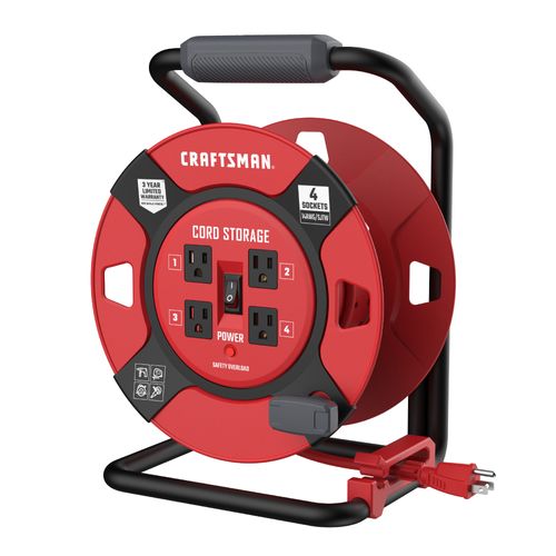 Main product image of 4 Outlet Cable Management Retractable Extension Cord Reel, 14 AWG SJTW Cable (1 Ft. Cord)
