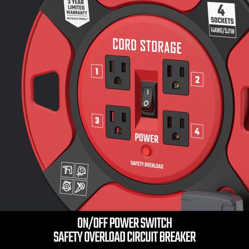 Main product image of 4 Outlet Cable Management Retractable Extension Cord Reel, 14 AWG SJTW Cable (1 Ft. Cord)