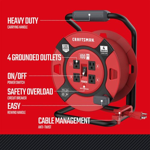 Main product image of 4 Outlet Cable Management Retractable Extension Cord Reel, 14 AWG SJTW Cable (100 Ft. Cord)