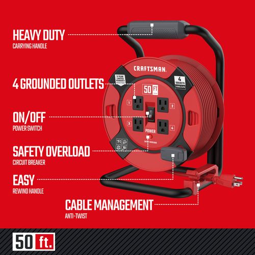 Main product image of 4 Outlet Cable Management Retractable Extension Cord Reel, 14 AWG SJTW Cable (50 Ft. Cord)