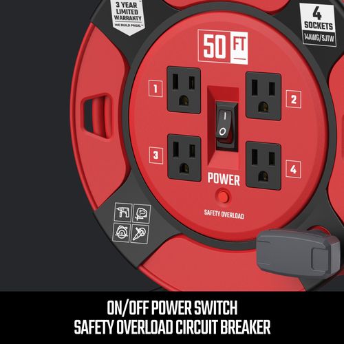 Main product image of 4 Outlet Cable Management Retractable Extension Cord Reel, 14 AWG SJTW Cable (50 Ft. Cord)