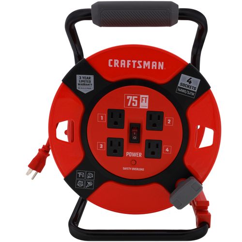 Main product image of 4 Outlet Cable Management Retractable Extension Cord Reel, 14 AWG SJTW Cable (75 Ft. Cord)