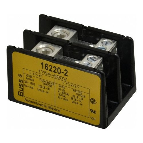 Main product image of 2 Poles, 4 Load Connections, 175 Amp, 8-2/0 AWG (Al), 14-2/0 AWG (Cu) Primary, 4-14 AWG (Cu), 4-8 AWG (Al) Secondary, Thermoplastic Power Distribution Block 600 Volts AC/DC, 1 Primary Connection, 3.58" Long x 3.32" Deep x 4" High