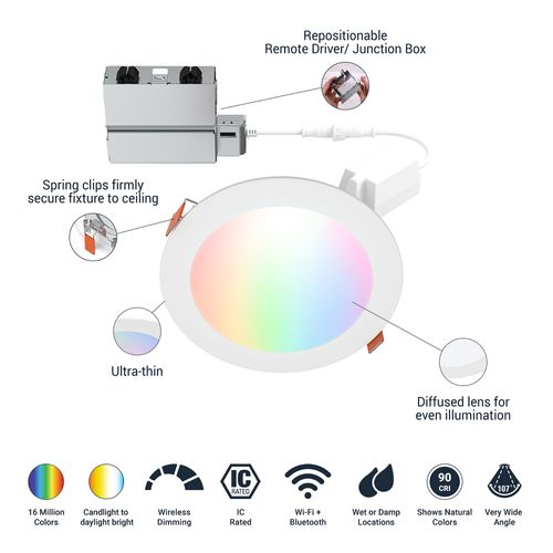 Main product image of HALO 6" HLB6 Round Smart Wi-Fi Slim Canless RGBW Downlight w/ WiZ Pro Smart Control (Matte White)