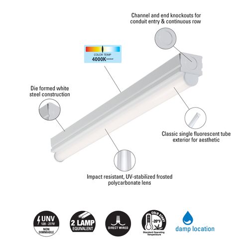 Main product image of Metalux ST 2' LED 1-Lamp Strip, Non-Dimmable, 1150 Lumens, 4000K, 10W