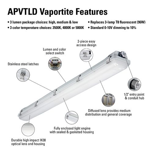 Main product image of Metalux APVT-S 4' Vaportite LED Strip, Selectable Lumens & CCT 3500/4000/5000K, 46W