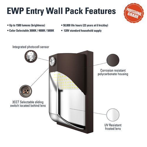Main product image of HALO Entry Wall Pack, Dusk-to-Dawn, Selectable CCT, 3000/4000/5000K, 12W (Bronze)