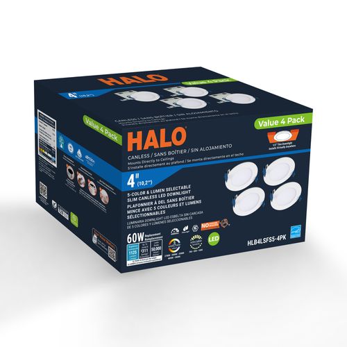 Main product image of HALO 4" HLB Round Slim Canless LED Downlight, Selectable 5CCT, 2700/3000/3500/4000/5000K, 10.65W - Matte White (4 Pack)