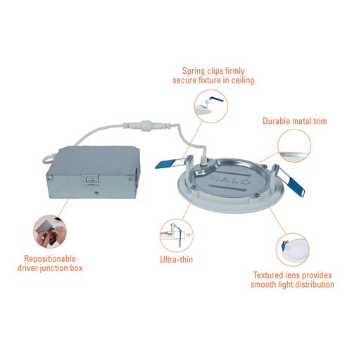Main product image of HALO 4" HLB Smooth Lens Canless LED Downlight, 3000K Fixed CCT, 10W, Matte White (12 Pack)