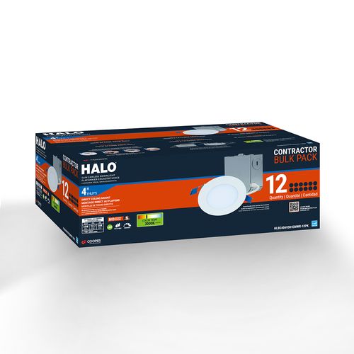 Main product image of HALO 4" HLB Smooth Lens Canless LED Downlight, 3000K Fixed CCT, 10W, Matte White (12 Pack)