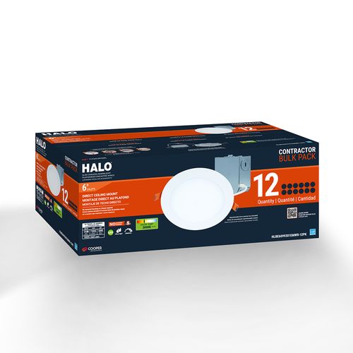 Main product image of HALO 6" HLB Smooth Lens Canless LED Downlight, 3000K Fixed CCT, 13.5W, Matte White (12 Pack)