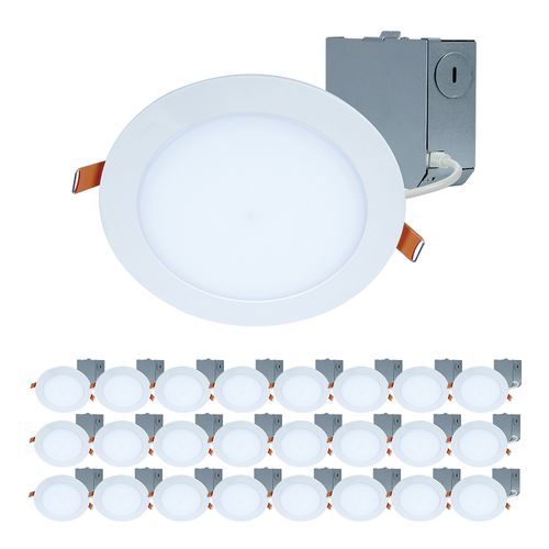 Main product image of HALO 6" HLB Smooth Lens Canless LED Downlight, 3000K Fixed CCT, 13.5W, Matte White (24 Pack)