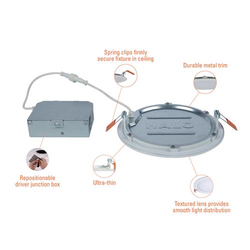 Main product image of HALO 6" HLB Smooth Lens Canless LED Downlight, 3000K Fixed CCT, 13.5W, Matte White (24 Pack)