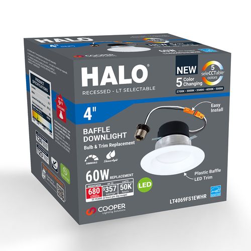 Main product image of HALO 4" LT4 Round Recessed Baffle LED Trim, Selectable 5CCT, 2700/3000/3500/4000/5000K, 8W, Matte White (6 Pack)