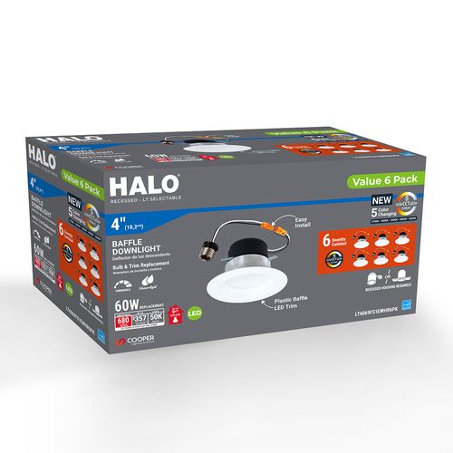 Main product image of HALO 4" LT4 Round Recessed Baffle LED Trim, Selectable 5CCT, 2700/3000/3500/4000/5000K, 8W, Matte White (6 Pack)