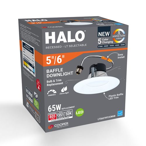 Main product image of HALO 5/6" LT56 Round Recessed Baffle LED Trim, Selectable 5CCT, 2700/3000/3500/4000/5000K, 8.75W (Matte White)
