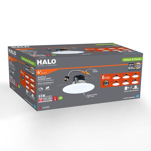 Main product image of HALO 5/6" LT56 Round Recessed Baffle LED Trim, Selectable 5CCT, 2700/3000/3500/4000/5000K, 8.75W, Matte White (6 Pack)