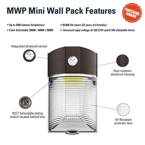 Main product image of HALO Mini Wall Pack, Dusk-to-Dawn, Selectable CCT, 3000/4000/5000K, 15W (Bronze)