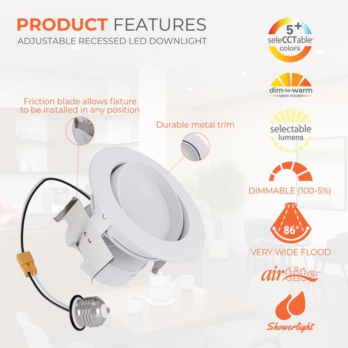 Main product image of HALO 4" RA4 Round Adjustable Gimbal LED Retrofit, Selectable 5CCT & Dim-To-Warm, 2700/3000/3500/4000/5000K, 8.8W (Matte White)