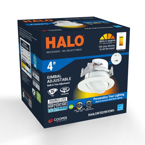 Main product image of HALO 4" RA4 Round Adjustable Gimbal LED Retrofit, Selectable 5CCT & Dim-To-Warm, 2700/3000/3500/4000/5000K, 8.8W (Matte White)