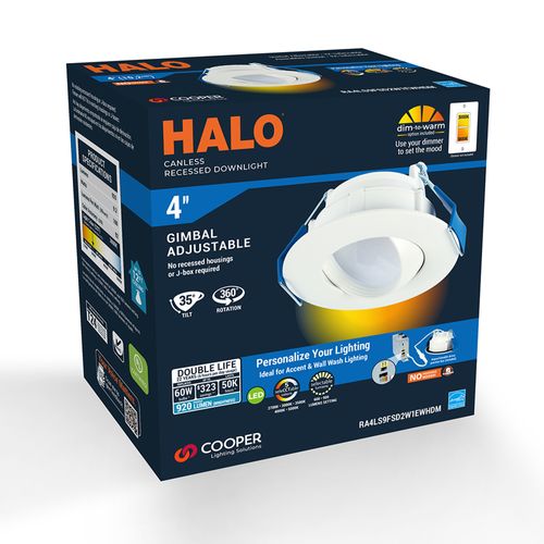 Main product image of HALO 4" RA Round Adjustable Gimbal LED Retrofit, Selectable 5CCT & Dim-To-Warm, 2700/3000/3500/4000/5000K, 9.3W (Matte White)