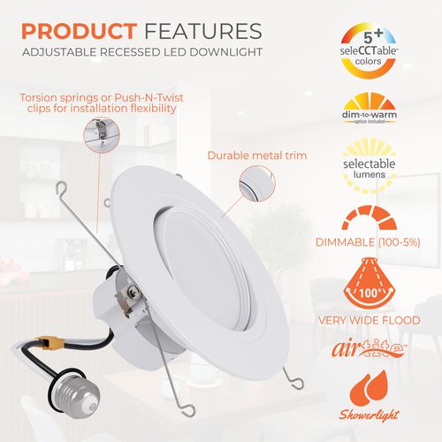 Main product image of HALO 5/6" RA56 Round Adjustable Gimbal LED Retrofit, Selectable 5CCT & Dim-To-Warm, 2700/3000/3500/4000/5000K, 8.8W (Matte White)
