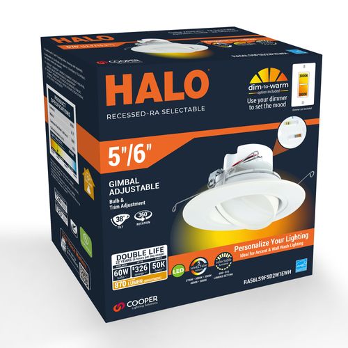 Main product image of HALO 5/6" RA56 Round Adjustable Gimbal LED Retrofit, Selectable 5CCT & Dim-To-Warm, 2700/3000/3500/4000/5000K, 8.8W (Matte White)