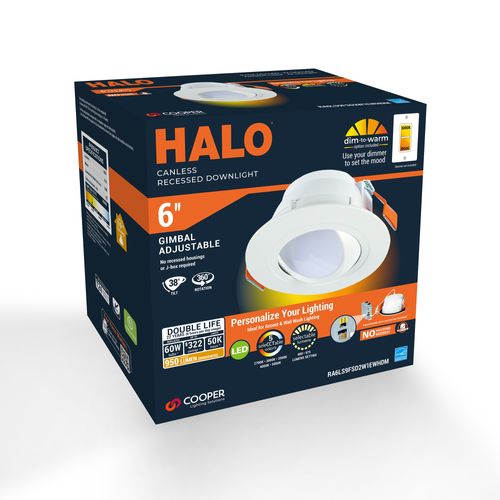 Main product image of HALO 6" RA Round Adjustable Gimbal LED Retrofit, Selectable 5CCT & Dim-To-Warm, 2700/3000/3500/4000/5000K, 9.5W (Matte White)