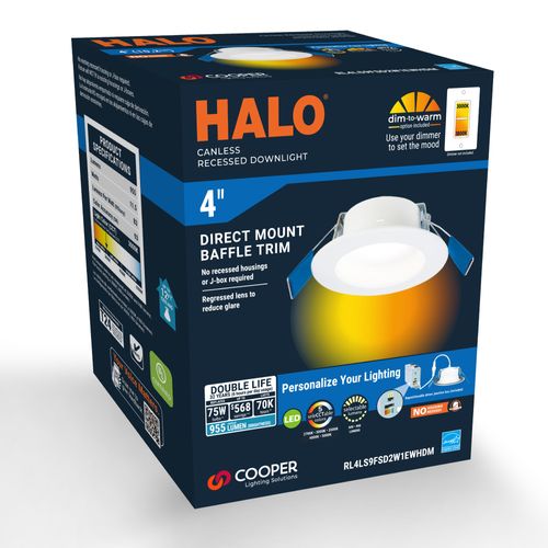 Main product image of HALO 4" RL Round Canless LED Downlight, Selectable 5CCT & Dim-To-Warm, 2700/3000/3500/4000/5000K, 11.5W (Matte White)