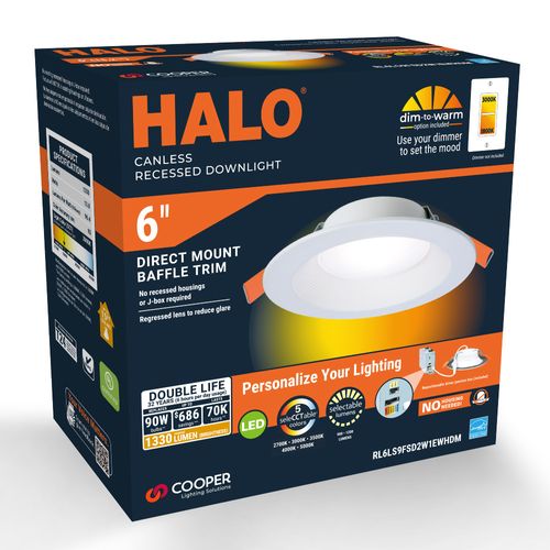 Main product image of HALO 6" RL Round Canless LED Downlight, Selectable 5CCT & Dim-To-Warm, 2700/3000/3500/4000/5000K, 13.8W (Matte White)