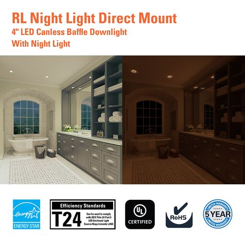 Main product image of HALO 4" RL Round Canless Downlight with Night Light & Dim-to-Warm, Selectable 5CCT, 2700/3000/3500/4000/5000K, 9.5W (Matte White)