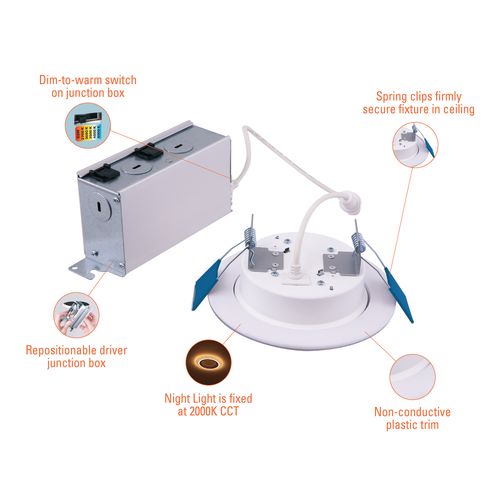 Main product image of HALO 4" RL Round Canless Downlight with Night Light & Dim-to-Warm, Selectable 5CCT, 2700/3000/3500/4000/5000K, 9.5W (Matte White)