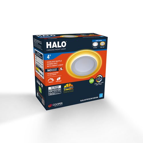 Main product image of HALO 4" RL Round Canless Downlight with Night Light & Dim-to-Warm, Selectable 5CCT, 2700/3000/3500/4000/5000K, 9.5W (Matte White)