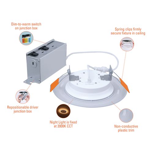 Main product image of HALO 6" RL Round Canless Downlight with Night Light & Dim-to-Warm, Selectable 5CCT, 2700/3000/3500/4000/5000K, 12W
