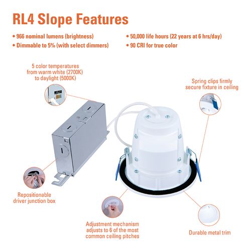 Main product image of HALO 4" RLS Round Sloped Ceiling Canless LED Downlight, Selectable 5CCT, 2700/3000/3500/4000/5000K, 11W (Matte White)
