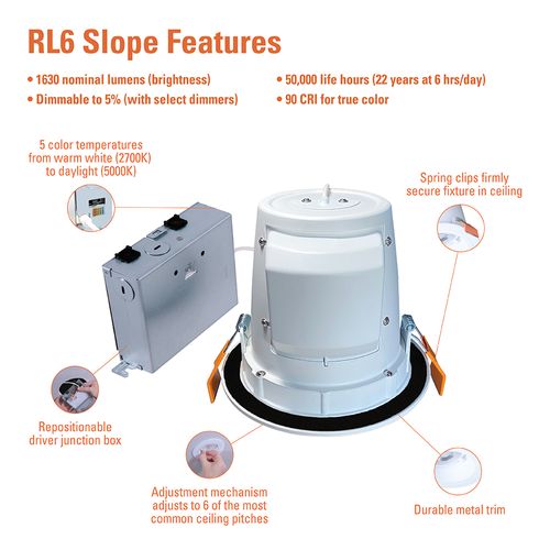 Main product image of HALO 6" RLS Round Sloped Ceiling Canless LED Downlight, Selectable 5CCT, 2700/3000/3500/4000/5000K, 19W (Matte White)