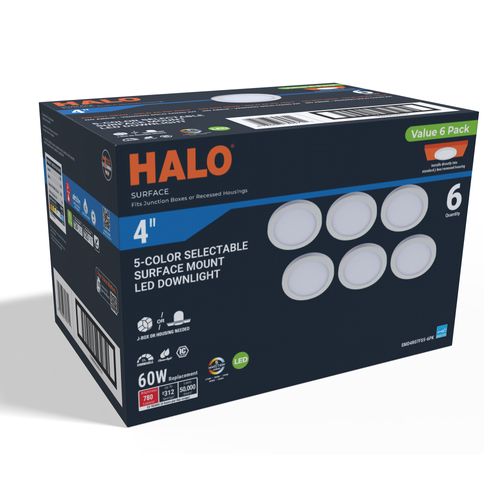 Main product image of HALO 4" SMD Surface Mount LED Downlight, Selectable 5CCT, 2700/3000/3500/4000/5000K, 7.9W, Matte White (6 Pack)
