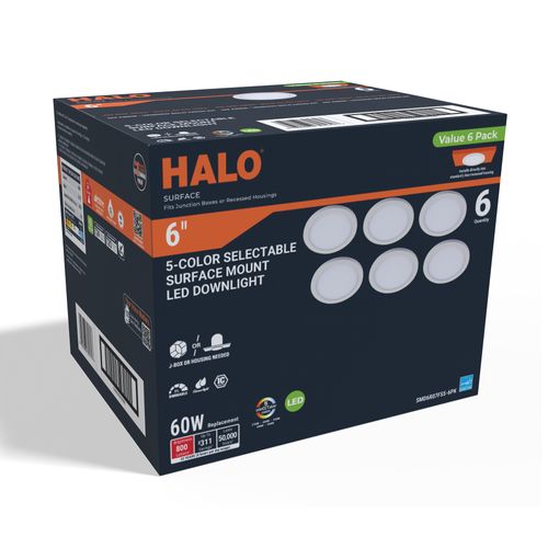 Main product image of HALO 6" SMD Surface Mount LED Downlight, Selectable 5CCT, 2700/3000/3500/4000/5000K, 7.9W, Matte White (6 Pack)