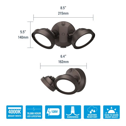 Main product image of HALO Twin-Head Round Floodlight with Dusk-to-Dawn, 21.6W (Bronze)