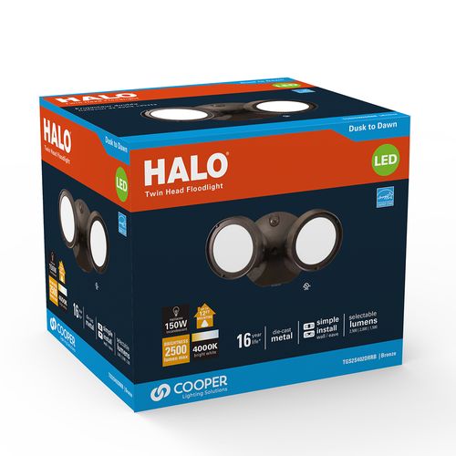 Main product image of HALO Twin-Head Round Floodlight with Dusk-to-Dawn, 21.6W (Bronze)