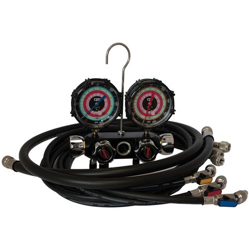 Main product image of BlackMax 4-Port Analog Manifold w/ 5' Premium Ball Valve Hoses and Vacuum Hose (R-32, R-410A, R-454B, A2L)
