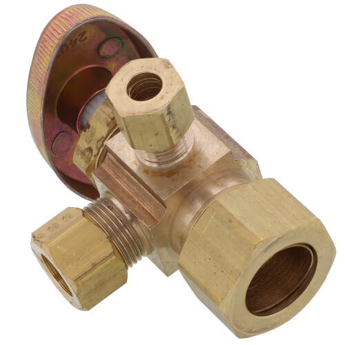 Main product image of 1/2" Nom Comp. (5/8" OD) x 3/8" OD Comp. x 1/4" OD Comp. Dual Angle Supply Stop, Lead Free (Rough Brass)