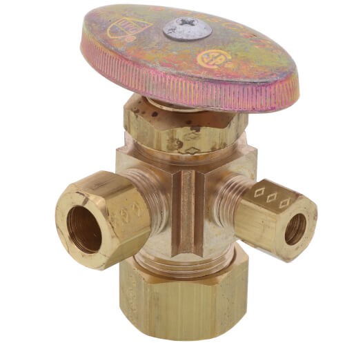 Main product image of 1/2" Nom Compression (5/8" OD) x 3/8" OD Compression x 1/4" OD Compression Dual Angle Supply Stop, Lead Free (Rough Brass)