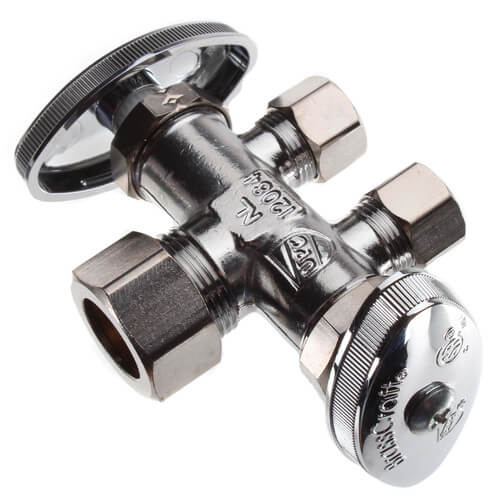 Main product image of 1/2" Nom Compression (5/8" OD) x 3/8" OD Compression x 3/8" OD Compression Dual Straight Supply Stop, Lead Free (Chrome)