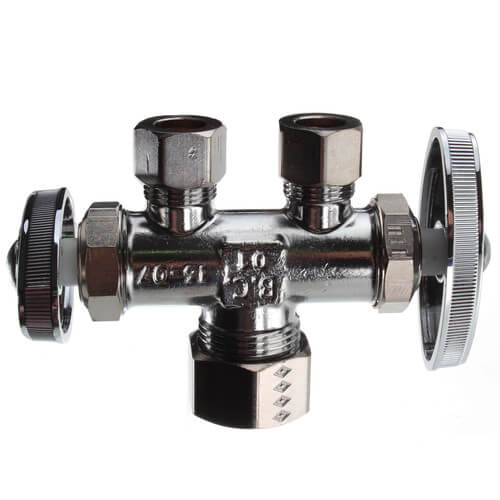 Main product image of 1/2" Nom Compression (5/8" OD) x 3/8" OD Compression x 3/8" OD Compression Dual Straight Supply Stop, Lead Free (Chrome)